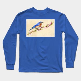 Male Bluebird in a Peach Tree Long Sleeve T-Shirt